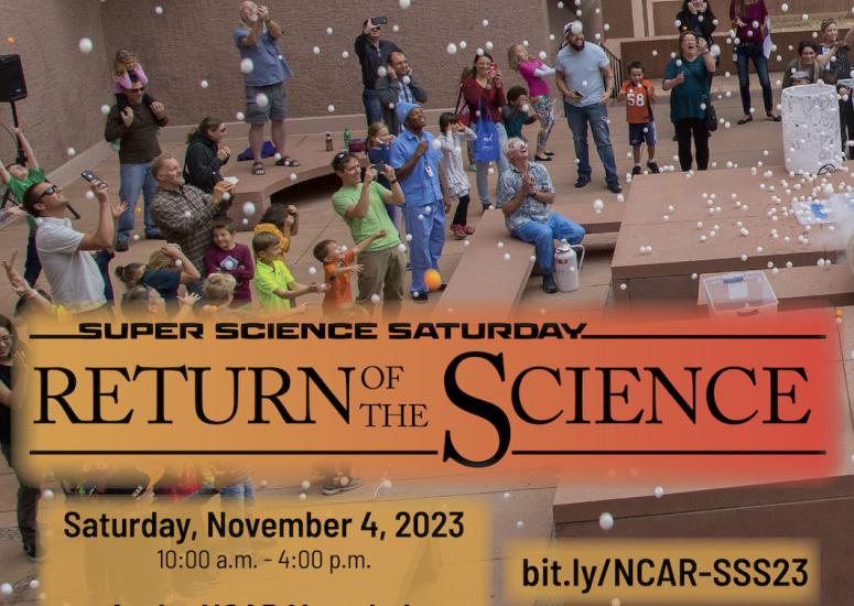Families enjoy a ping pong ball launch at a past Super Science Saturday. Super Science Details overlay the image. 