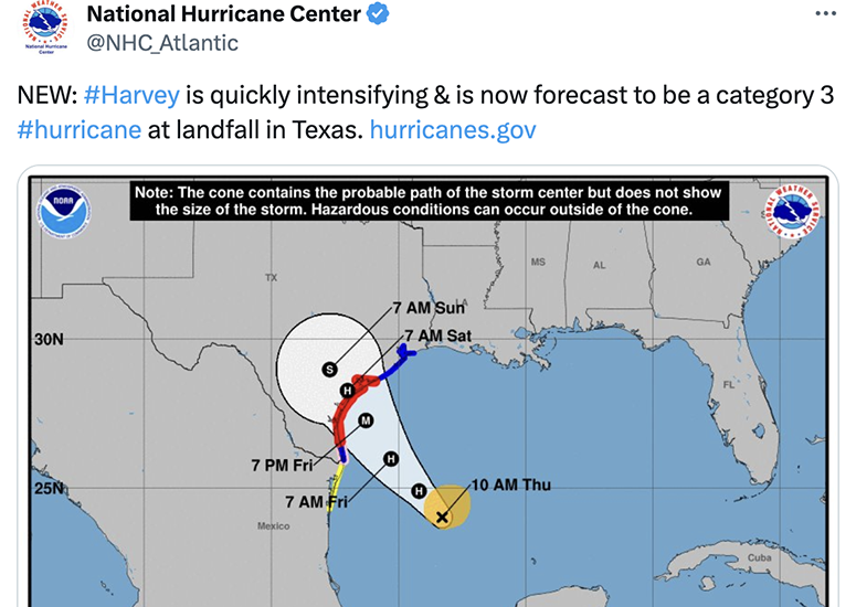 Tweet about Hurricane Harvey from the National Hurricane Center. 