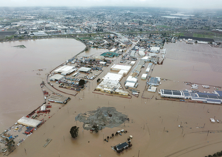 Drone image of flooding in Monterey County, California.