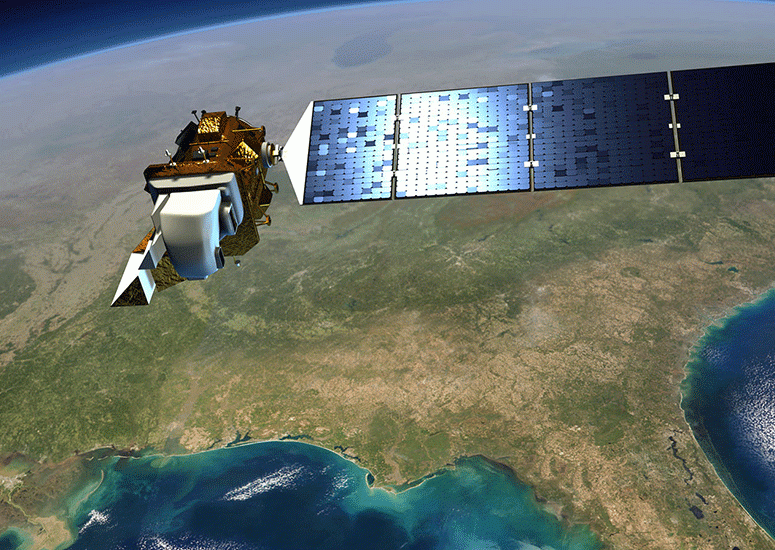 An artist's conception of the Landsat 8 satellite orbiting Earth.