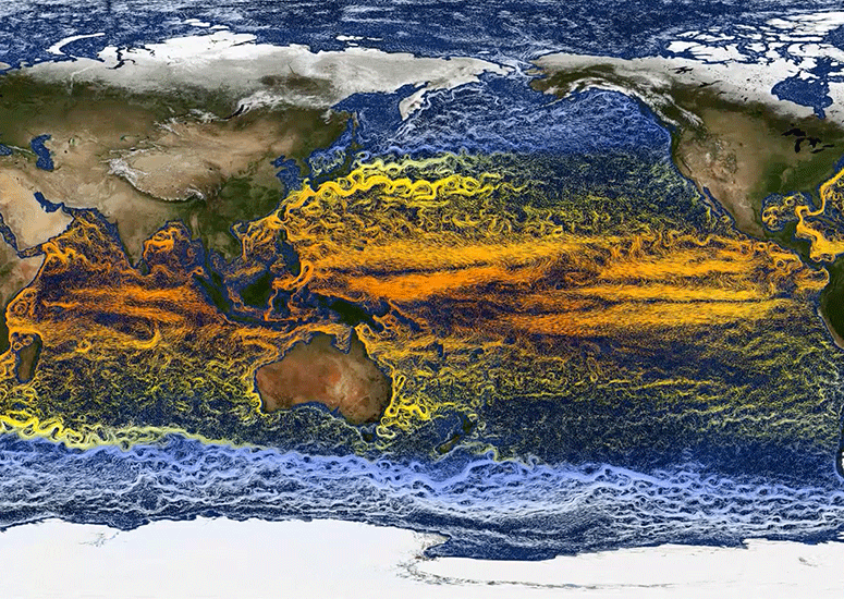 A high-resolution simulation of Earth showing snow cover on land and sea surface temperatures in the oceans.