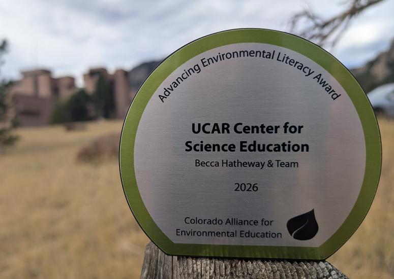 Award sits on a small ledge with a landscape of trees and building blurred in the background. 