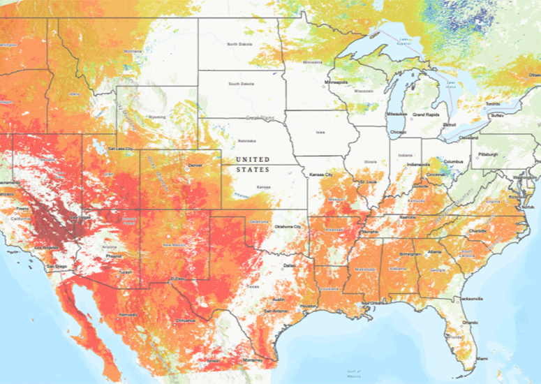 Map of US showing areas of dry vegetation