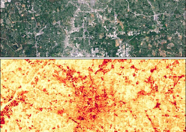 Two satellite views of Atlanta that show urban heat island effect.