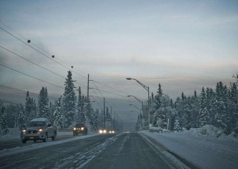 Alaska cold - headlights on a highway in Fairbanks, AK