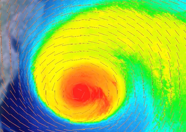 Supercomputer visualization of Hurricane Sandy, including near-surface winds and radar reflectivity