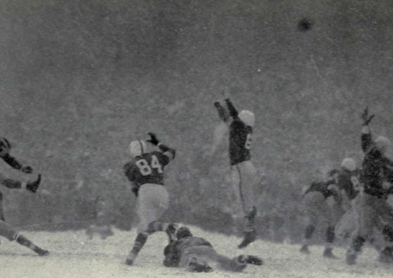 Can a two-week forecast warn us of Super Bowl snow? Pictured: 1950 "Snow Bowl"