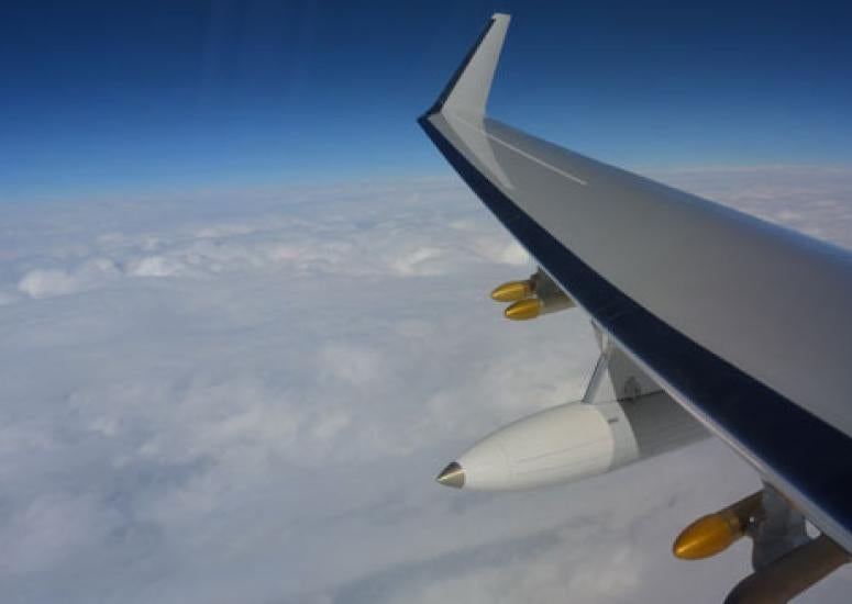 The powerful HIAPER Cloud Radar, mounted in the white pod, flies over a major Nor'easter 