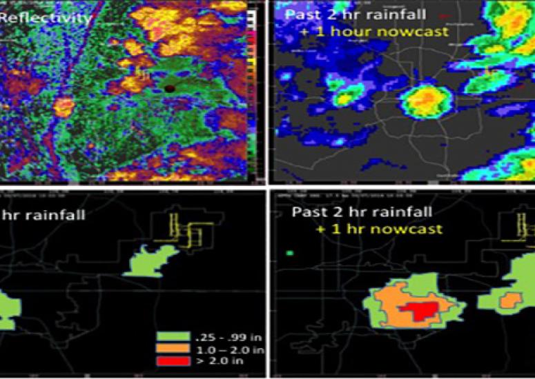 4-panel image compares radar and computer model data