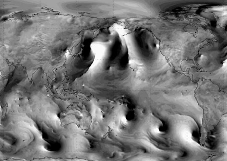 Invisible waves visualized: still from high-resolution simulation of north-south winds about 60 miles above Earth