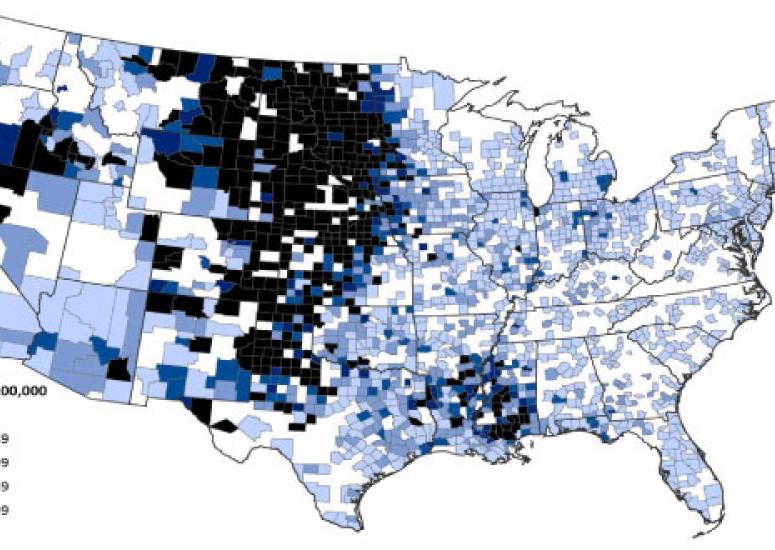 Map showing regions of the US, such as Great Plains, where West Nile virus incidence is highest