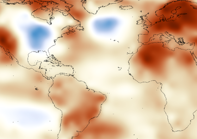 Map of surface temperature departures from average in 2014