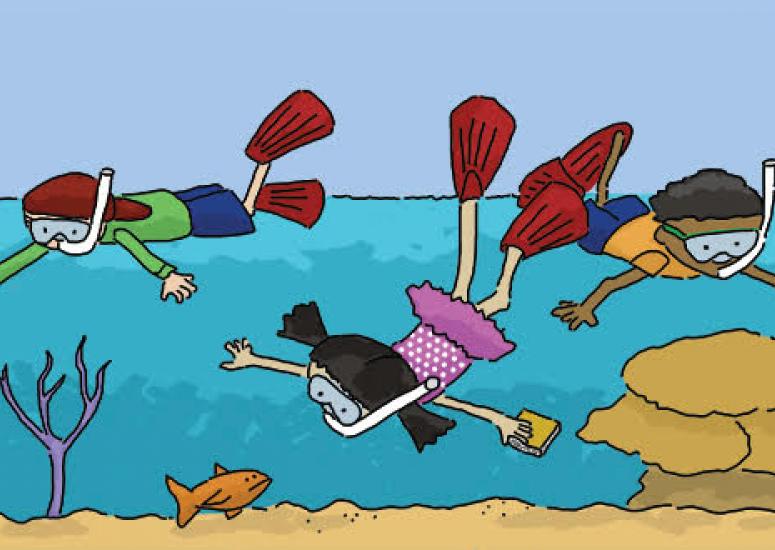 kids studying ocean reefs: illustration from Elementary Globe storybook