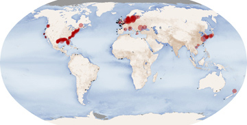 World map showing dead zones along global coastlines