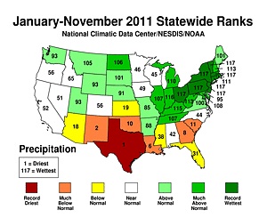 U.S. map of precipitation-day anomalies, Jan-Nov.