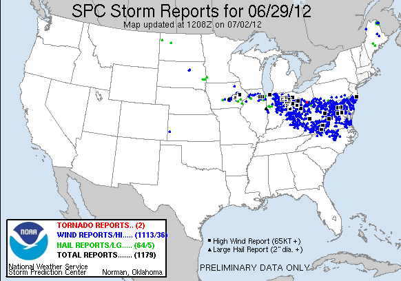 U.S. map showing high wind reports for June 29, 2012