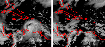 Side-by-side comparison of Hurricane Ernesto model depiction with and without COSMIC data