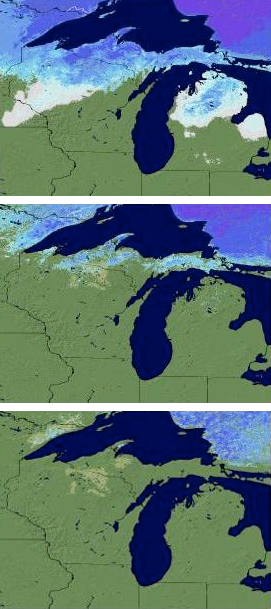 Map of snow cover across Great Lakes region on 9, 15, and 22 March 2012