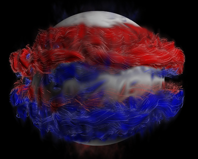 Model simulations of wreaths of magnetic flux, shown in red and blue