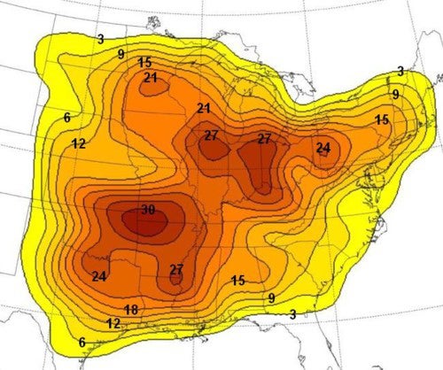 Map of likelihood of strong derechos across central/eastern U.S.