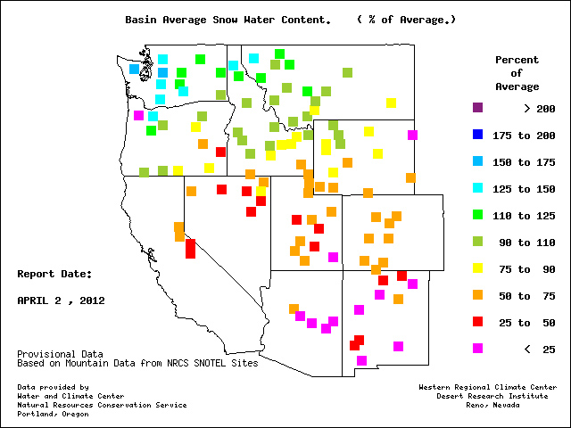 Map of snow cover across western US on April 2, 2012