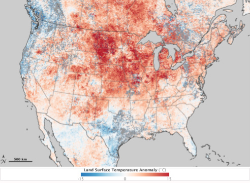 NASA map of land-surface temperature anomalies for mid-March 2012