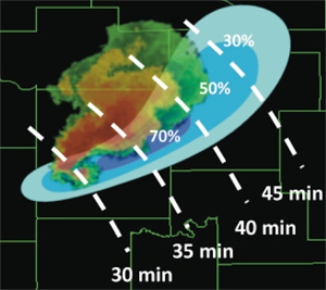 Map showing thunderstorm on radar with probabilities and risk areas