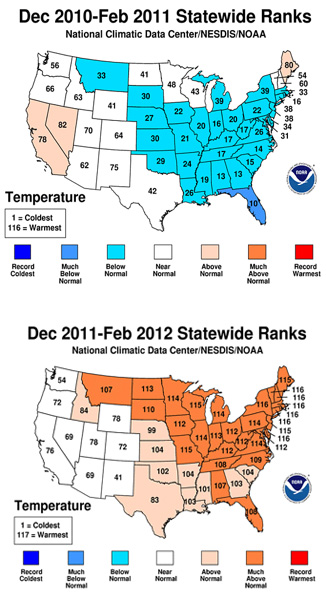 Comparison of U.S. winter temperatures for 2011-12 vs. 2010-11