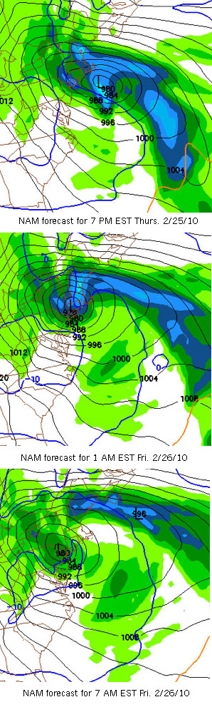 NAM model forecasts for mid-Atlantic, 24-26 Feb 2010
