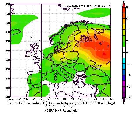 European temperature anomalies, July 2010
