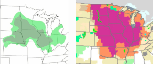 Corn Belt map and recent heat-index map