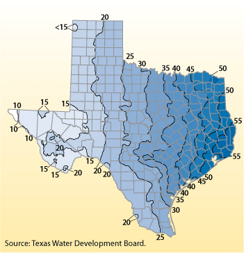 Map of average precipitation for Texas