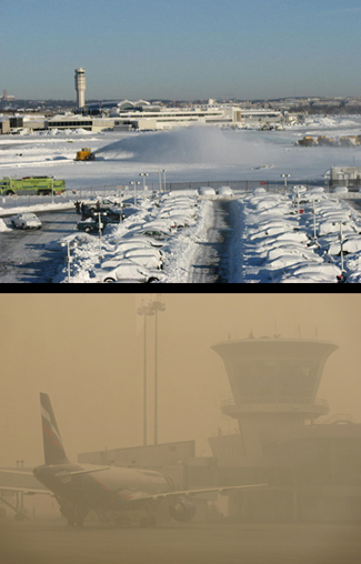 Snowy vs. hazy airports (Washington vs. Moscow), 2010