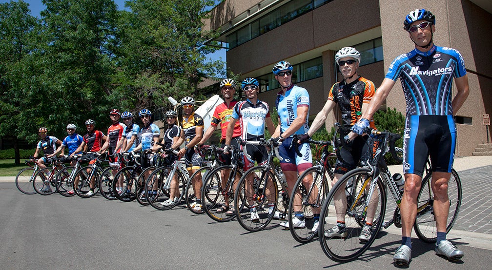 Cyclists gathered in a row at Foothills Lab for Tuesday lunch ride.