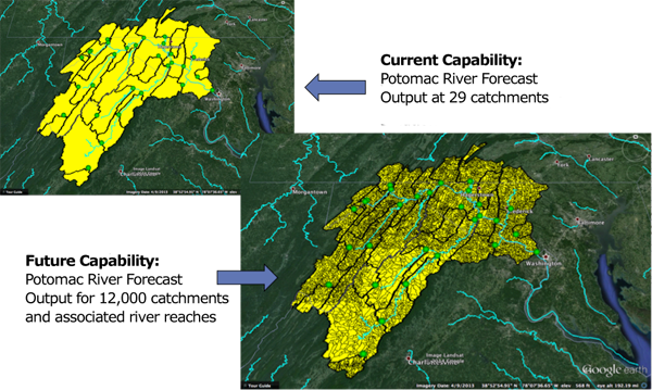 New national water model: Image compares lower resolution of current model to higher resolution of WRF-Hydro